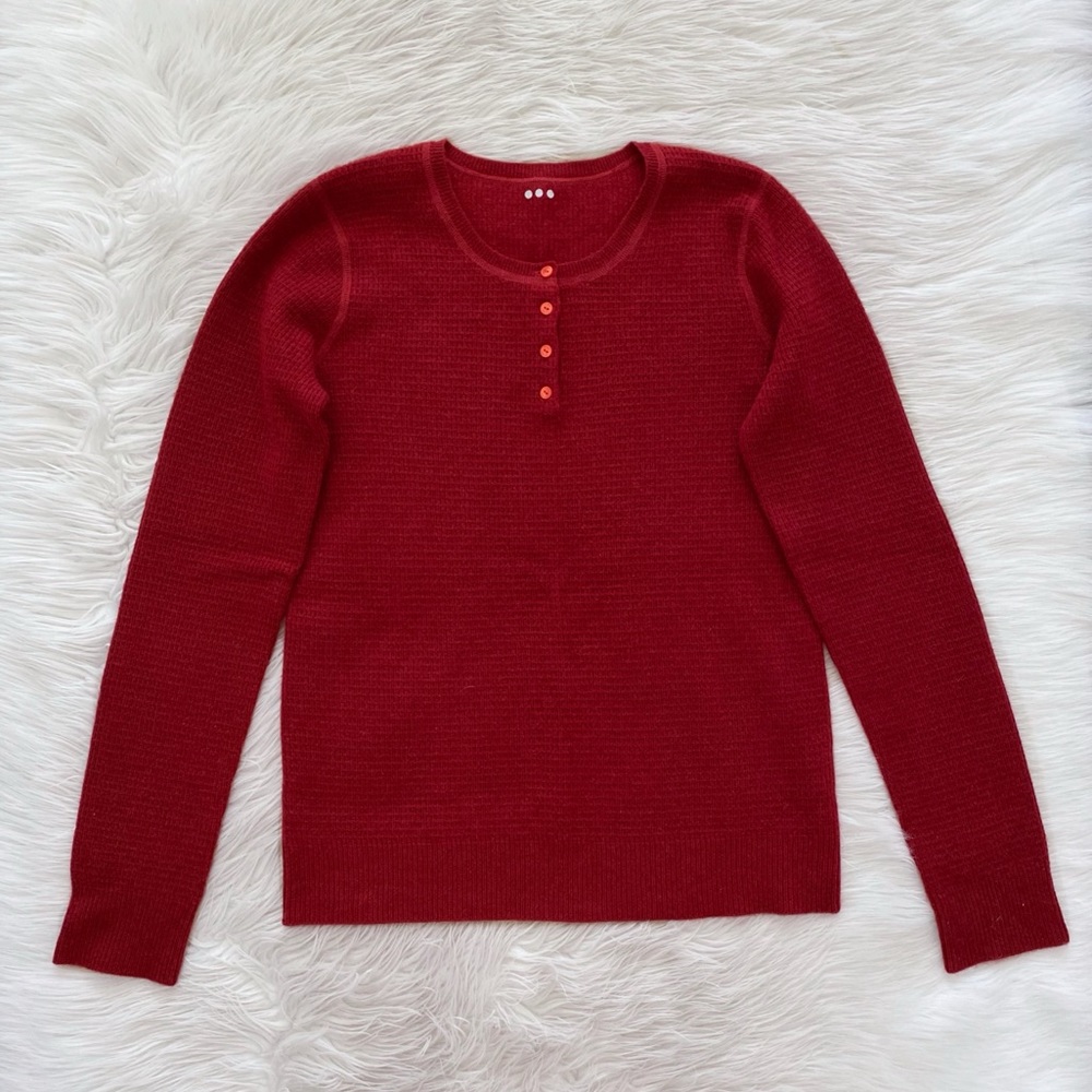 Three Dots 100% Cashmere Red Button Neck Long Sleeve Henley Pullover Sweater